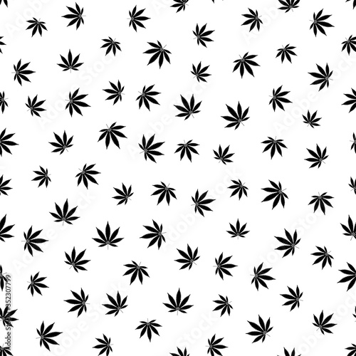 Cannabis seamless pattern. Marijuana leaf, black weed plant. Hashish texture, isolated white background. Hemp psychedelic grass. Fabric print for medical wallpaper. Simple design Vector illustration © alona_s
