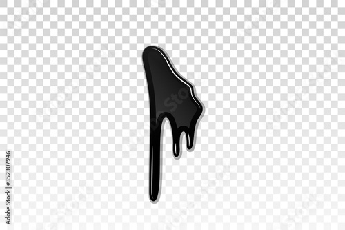 Drip paint 3D. Ink stain. Drop melt liquid isolated on white transparent background. Splash of chocolate, oil, blood. Black graffiti. Splatter syrup, candy sauce, caramel. Vector illustration