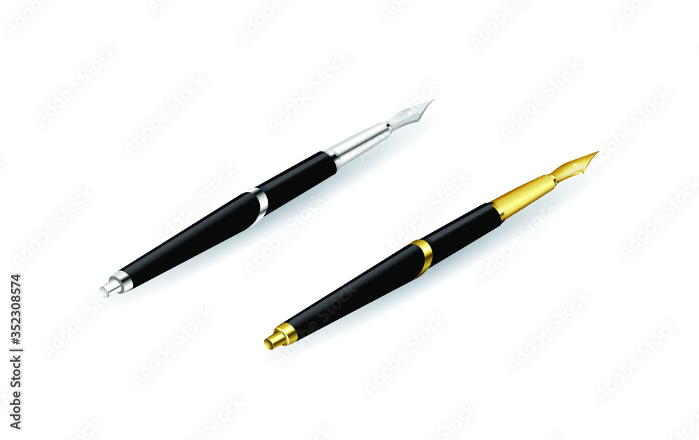 Isometric vector illustration. Concept 3d graphics on a white background. Isometry. Golden and silver fountain pen. Element, object, icon for web design infographics, site and game. Isometric vector illustration. Concept 3d graphics on a white background. Isometry. Golden and silver fountain pen. Element, object, icon for web design infographics, site and game.