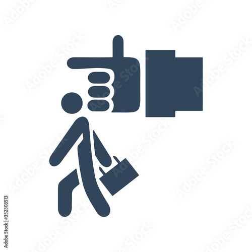 Illustration of employee kicked out of company. Boss firing worker sign. Layoff symbol for modern business concept and web, mobile design.