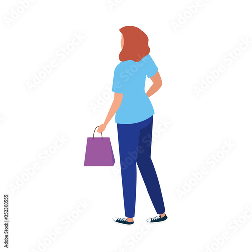 back view of young woman with bag shopping on white background vector illustration design