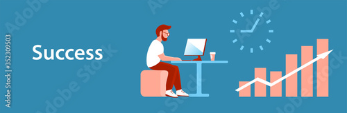 Banner on the topic of a successful business. A young man works at a computer in the office. Financial growth chart. Vector illustration with blue background.