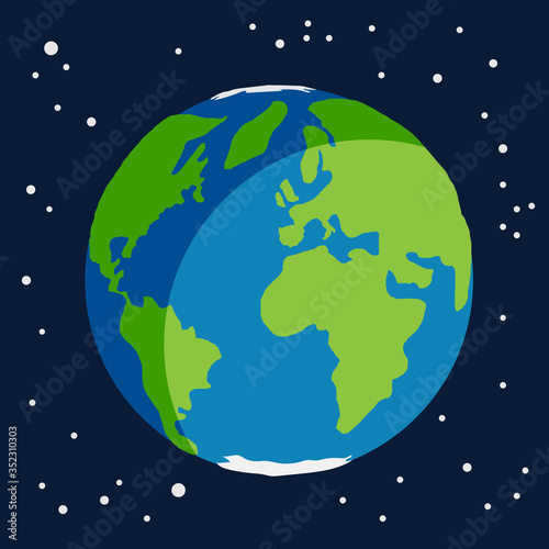 Earth planet earth globe with green continents  seas  oceans and poles surrounded by stars in space