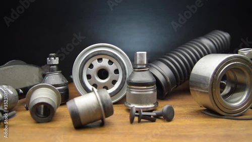 Set of car parts for maintenance. Tracking and slow motion