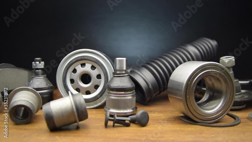 Set of car parts for maintenance. Tracking and slow motion