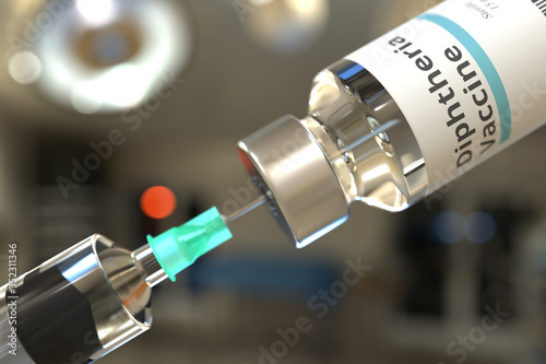Vial with diphtheria vaccine and syringe for injection. 3D rendering photo