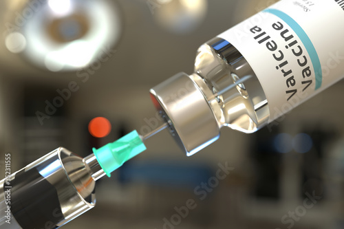 Vial with varicella vaccine and needle of a syringe. 3D rendering