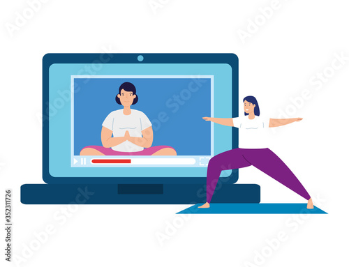 laptop device with application yoga online, healthy lifestyle vector illustration design