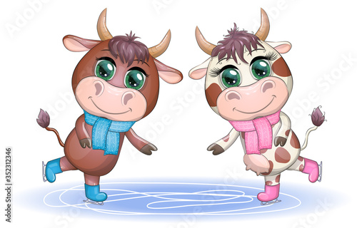Cow on skates flat vector animal, lovely cow skating, brown cow making winter sport