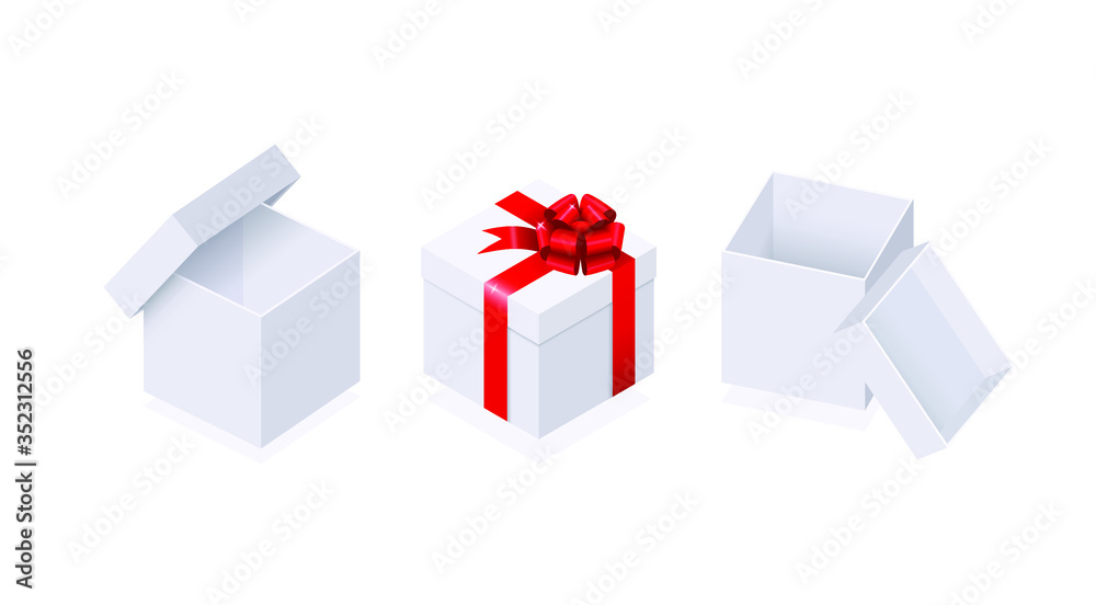 Isometric design. Vector illustration. Concept 3d graphics on a white background. Set of white boxes with a red ribbon. Gift box. Element, icon for web design infographics, sites and game.