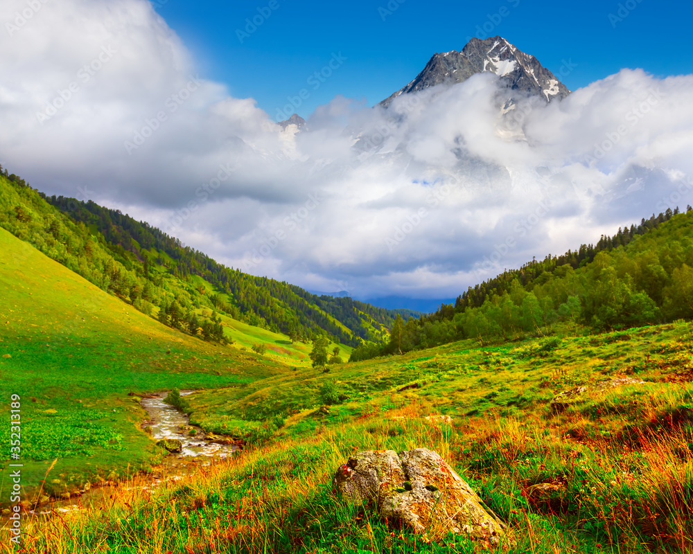 Naklejka premium beautiful green mountain valley and high mount peak in a dense clouds