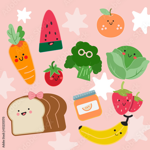 Set of cute cartoon fruits and vegetables - watermelon, orange, strawberry, banana,  tomato, cabbage, carrot, broccoli, bread and jam. Healthy food. Seamless, collage, and pattern background.