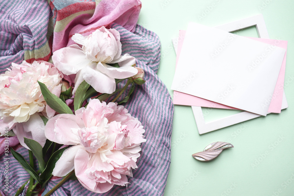 postcard mockup. romantic composition of pink peonies