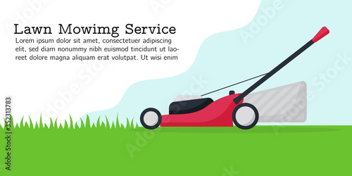 Flat vector illustration of lawn mower. Modern lawnmower cutting green grass. Banner for landing page, web, app. Concept of gardening service