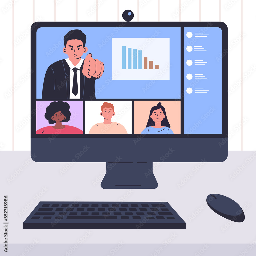Stay and work from home.Video conference illustration.Workplace,computer screen.Employees talking by internet with an angry boss.Online meeting.Business on falling down chart.Quarantine isolation. Stay and work from home.Video conference illustration.Workplace,computer screen.Employees talking by internet with an angry boss.Online meeting.Business on falling down chart.Quarantine isolation.