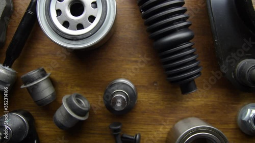 Set of car parts for maintenance. Tracking and slow motion