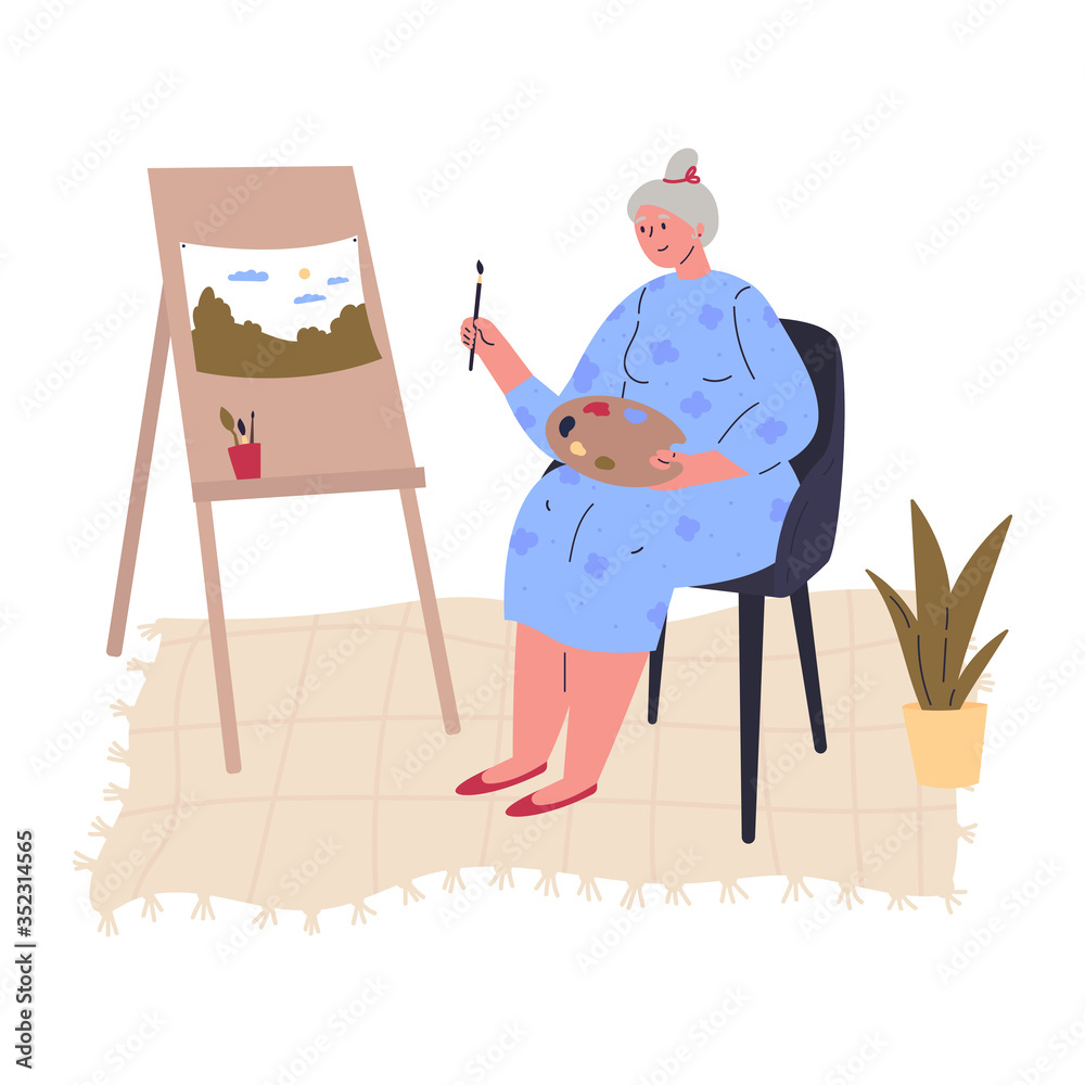  Aged creative woman in blue shirt is drawing a picture at easel with paintbrush.Professional artist.Work at home as freelancer or hobby.Hand drawn style vector flat illustrations.Colorful character