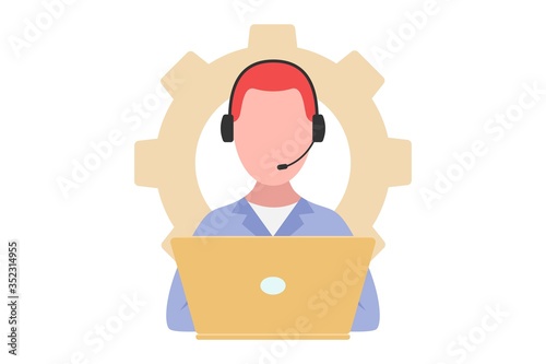 Live chat illustration. Online web support system. Consept of call center or technical support. Man in headphones with laptop. Flat vector illustration isolated on white background.