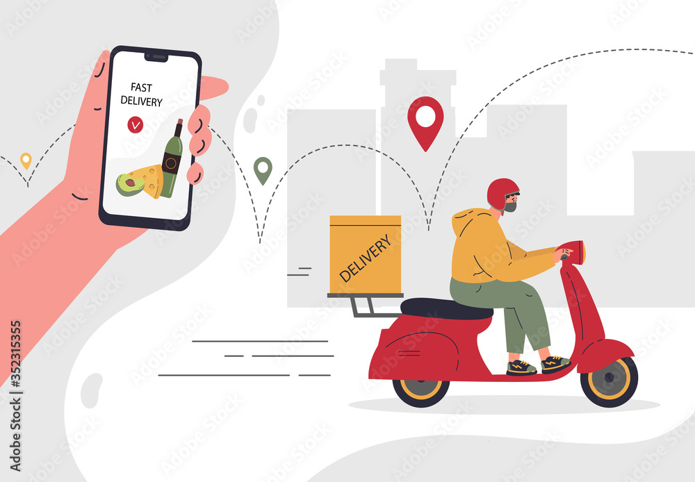 Online delivery service concept,fast delivery home and office.Scooter courier,man in respiratory mask.Webpage, app design.City landscape background.Vector flat illustration.Colorful character design - obrazy, fototapety, plakaty 