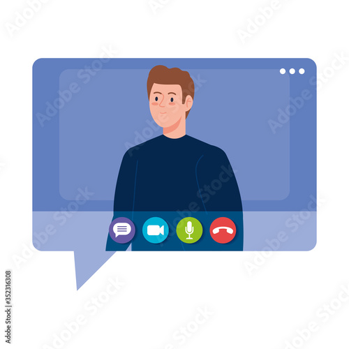 man talk in speech bubble, conference video call vector illustration design