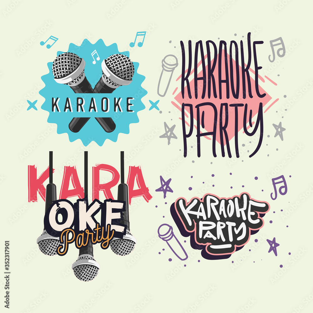 Karaoke Hand Lettering Vector Illustrations Set Designs. Stock Vector