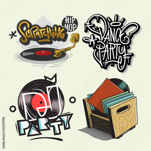 Dj Party  Hand Lettering  Vector Illustrations Set Designs.