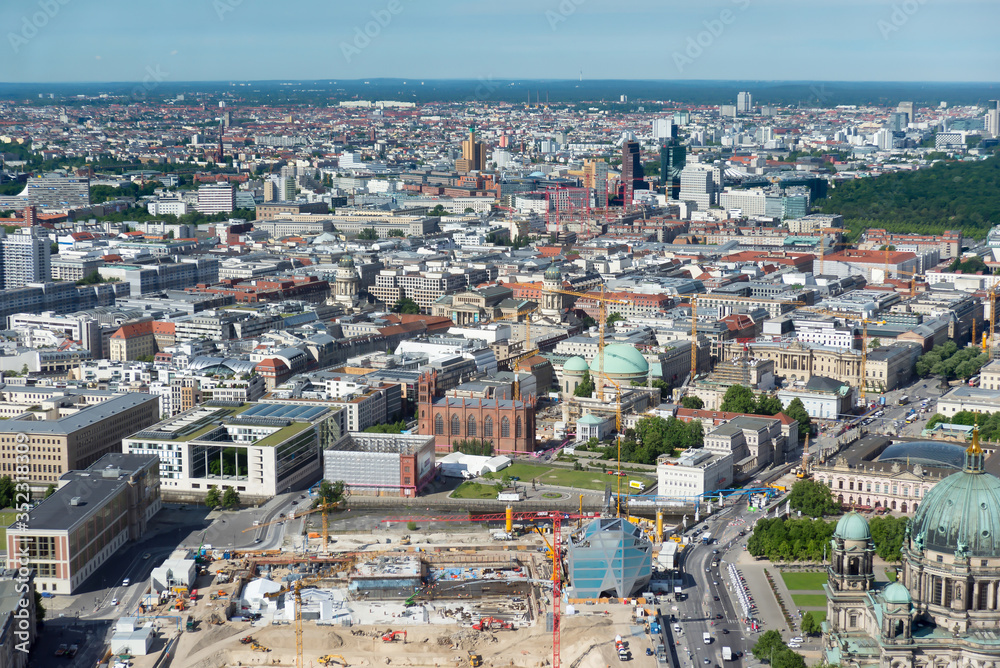 City views of Berlin from a tower in the center of the city during a sunny day in the summer. Districts of Berlin.