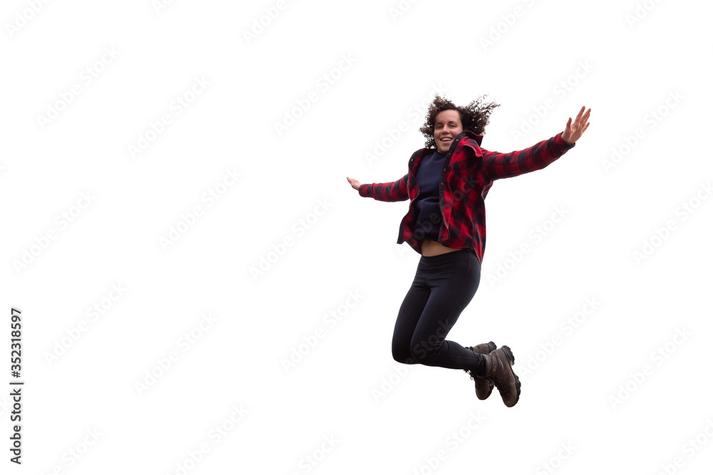 Happy and Excited Girl Jumping with Joy. Isolated on White Background.