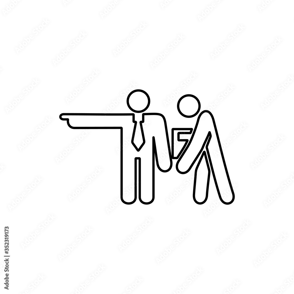 Obraz premium Illustration of employee kicked out of company. Boss firing worker sign. Layoff symbol for modern business concept and web, mobile design.