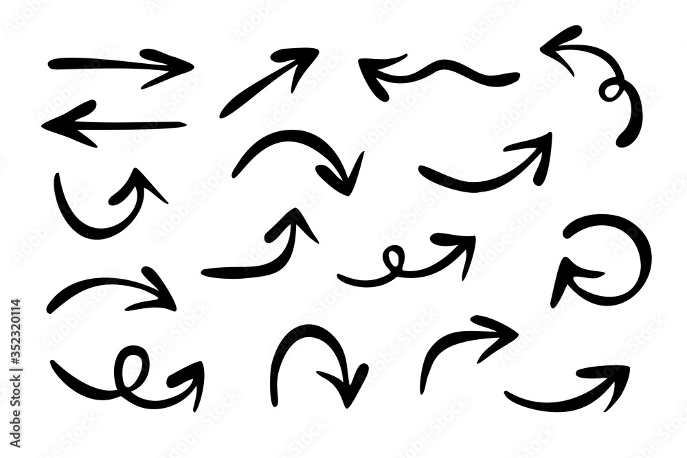 Fototapeta premium Vector set of arrows pointing in different directions. Hand drawn, doodle elements isolated on white background