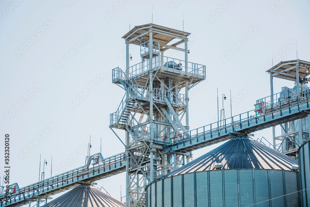 A large modern agro-processing plant for the storage and processing of grain crops. Fragment of the tops large iron barrels of grain. Granary elevator. A large modern agro-processing plant for the storage and processing of grain crops. Fragment of the tops large iron barrels of grain. Granary elevator.