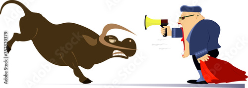Cartoon bullfighter shouts at the angry bull illustration. Cartoon bullfighter with matador cape and megaphone shouts at the angry bull isolated on white 
