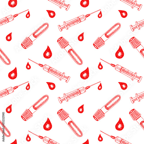 Seamless pattern with glass tube, syringe, and blood drop in red color on white background. Medical equipment. Vector hand drawn illustration in sketch style. Concept of vaccine discovery coronavirus.