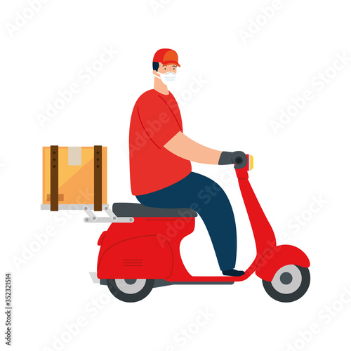 delivery of goods during the prevention of coronavirus, courier worker using face mask in motorcycle vector illustration design © Gstudio