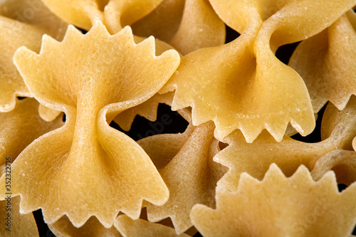 Raw Pasta, Spaghetti, Cannelloni, Farfalle, Campanella, Cavatappi, Conquilla, Fettuccine, Lasagna, Penne, Tagliatelle, on a black background