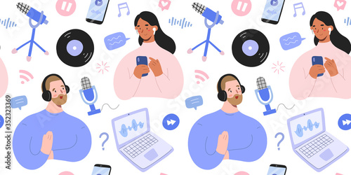 Podcast pattern, hand drawn collage illustration with podcast hosts and listeners with blogging and vlogging equipment for podcast show, microphones, notebook, vector seamless background
