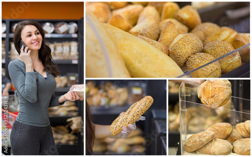 Collage with woman and female hand who chooses bread in bakery store. Concept of healthy food, bio, gluten free photo