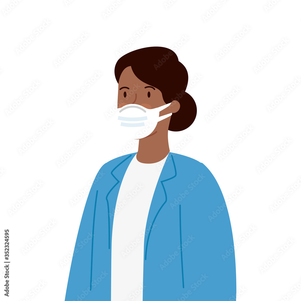 woman afro using medical protective mask against covid 19 vector illustration design