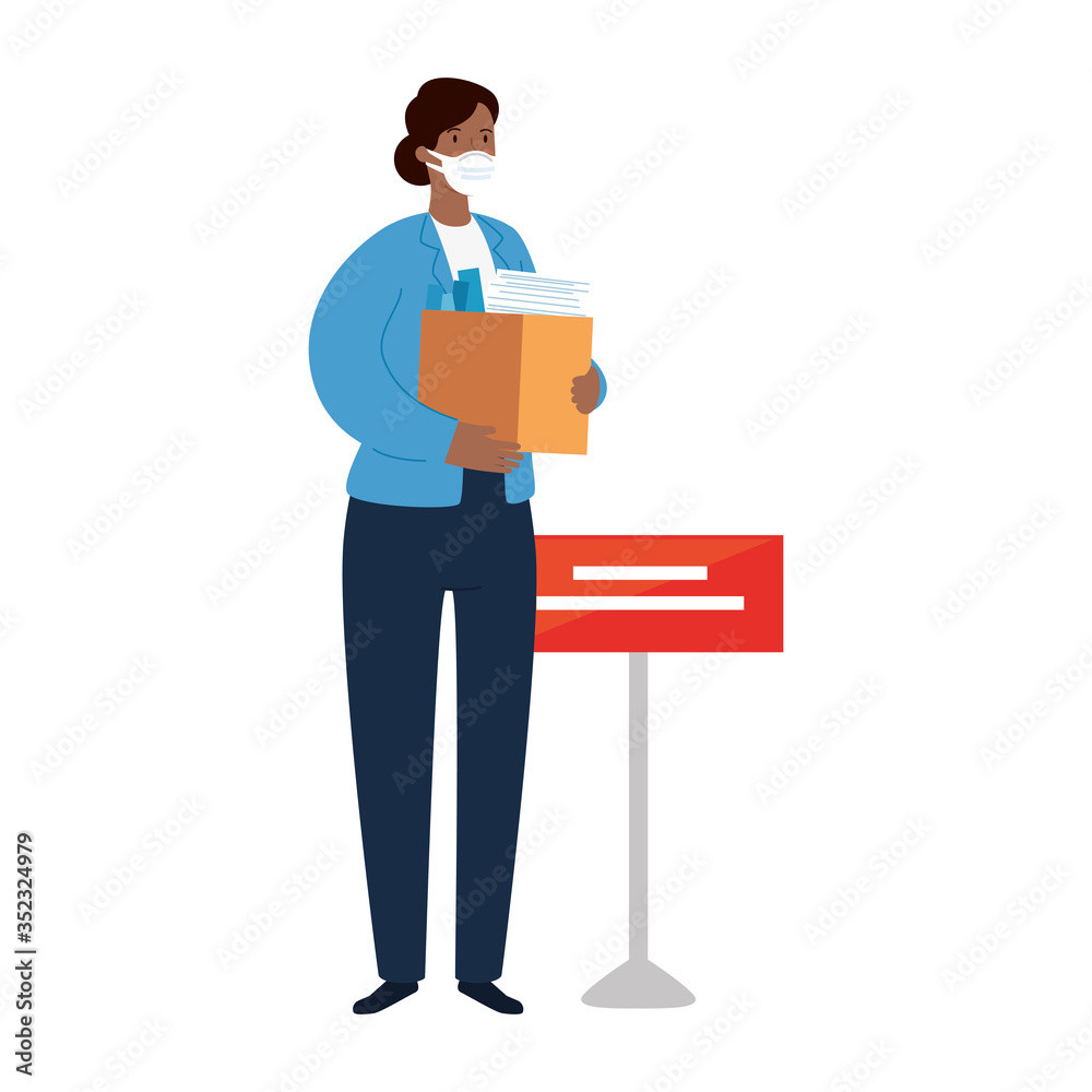 Obraz premium woman unemployment concept, company worker holding stuff in box, from coronavirus crisis covid 19 vector illustration design