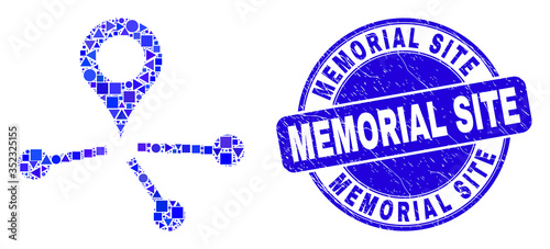 Geometric map pointer links mosaic icon and Memorial Site seal stamp. Blue vector round textured seal stamp with Memorial Site title. Abstract concept of map pointer links designed of spheric,