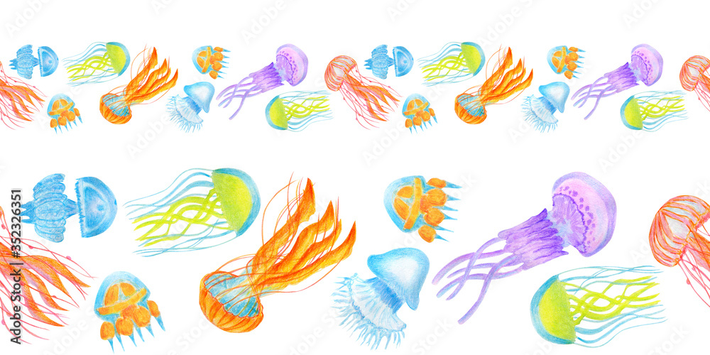 Seamless border with colorful jellyfish isolated on white background. Concept of deep sea and ocean underwaterlife, summer vacation and rest, animal medusa. Watercolor hand drawn illustration.