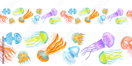 Seamless border with colorful jellyfish isolated on white background. Concept of deep sea and ocean underwaterlife, summer vacation and rest, animal medusa. Watercolor hand drawn illustration.
