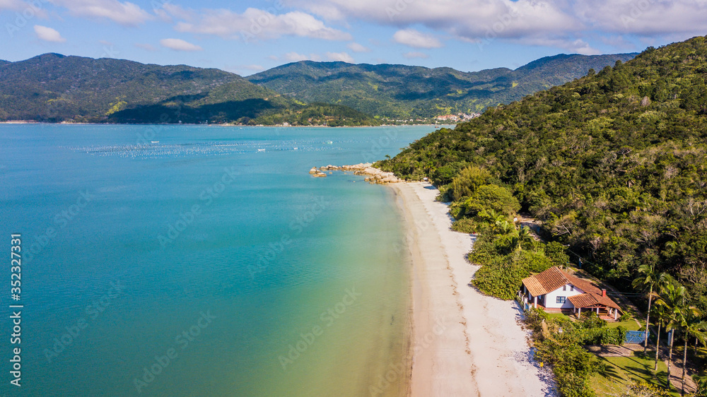Aerial view of Tinguá beach (Praia Tinguá) - Governador Celso Ramos. Beautiful beach in Santa Catarina - Brazil
