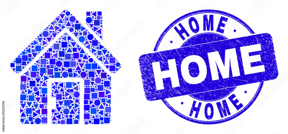 Obraz premium Geometric home mosaic icon and Home stamp. Blue vector round scratched seal stamp with Home text. Abstract mosaic of home composed of round, triangles, square geometric elements.