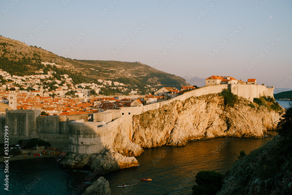 View from Fort Lovrijenac to wall Dubrovnik Old town in Croatia, travel background.