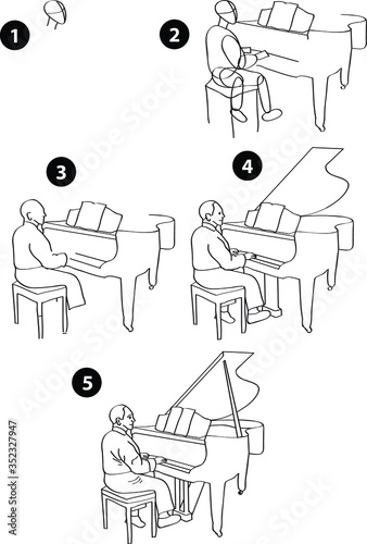 Drawing learn step by step tutorial techniques people occupations set with professions jobs business working trade career province for kids workbook isolated background. Vector illustration pianist
