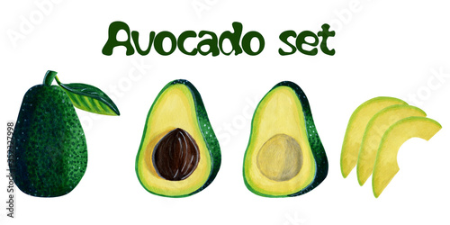 Process of cooking avocado. The whole, half and sliced raw vegetable isolated on white background. Watercolor markers hand drawn illustration in realistic. Concept of healthy proper nutrition, diet.