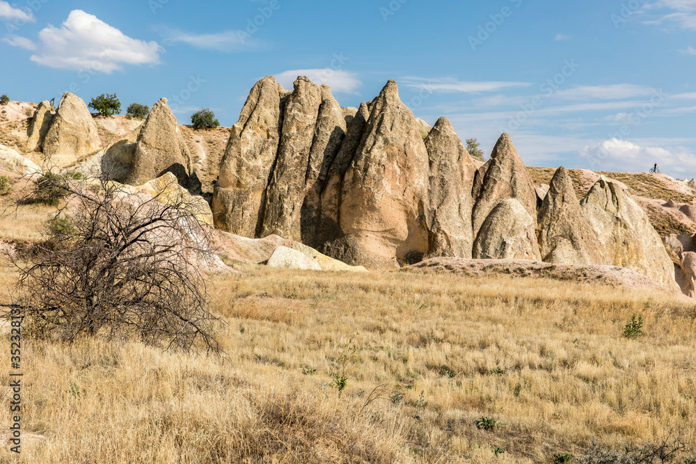 Volcanic formations in Red valley, Cappadocia, Nevsehir, Turkey.