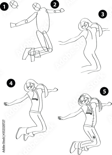 Drawing learn step by step tutorial techniques people occupations set with professions jobs business working trade career province for kids workbook isolated background. Vector illustration girl