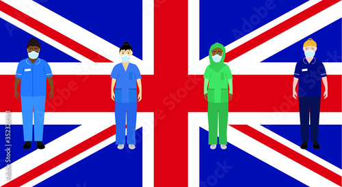 NHS workers on a Union Jack background